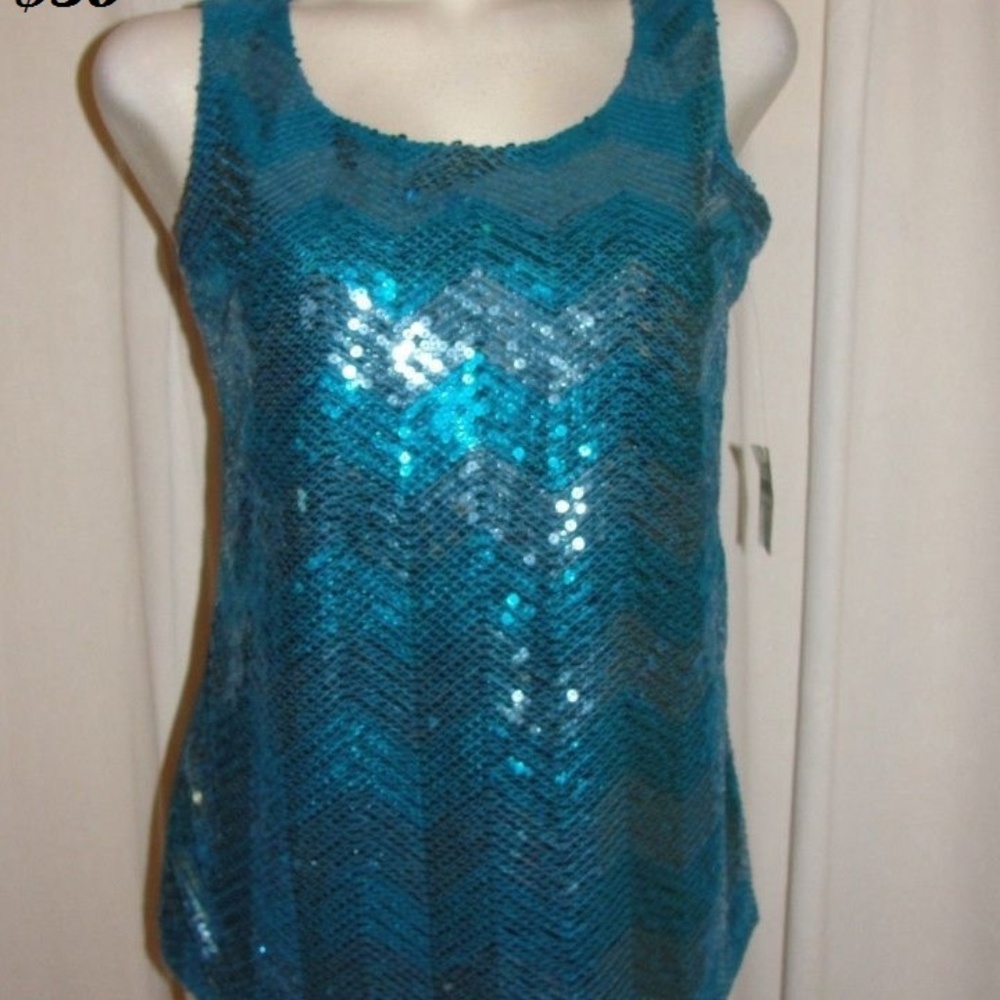 Coldwater Creek Chevron Sequin Teal Tank Shirt
